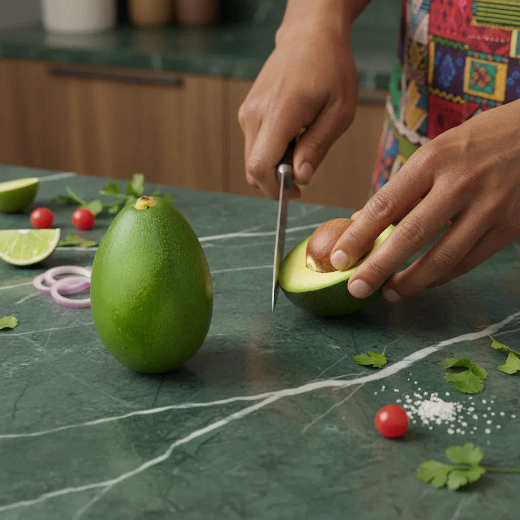 Préparation culinaire avec avocat tropical sur plan de travail, idéal pour recettes saines comme guacamole ou salades.